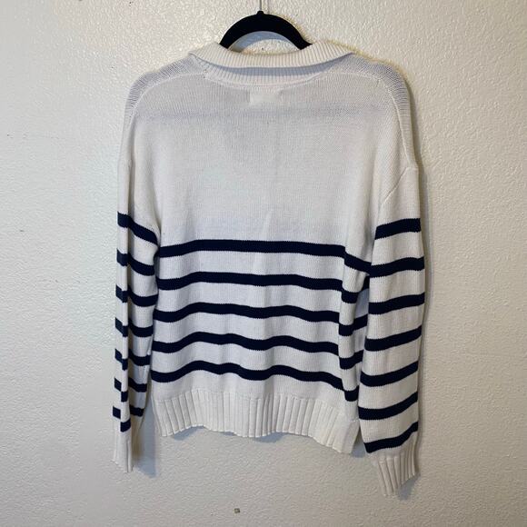Holly Whyte Lindex Cream & Navy Blue Striped Nautical Fisherman Knit Sweater Lg - Picture 7 of 7